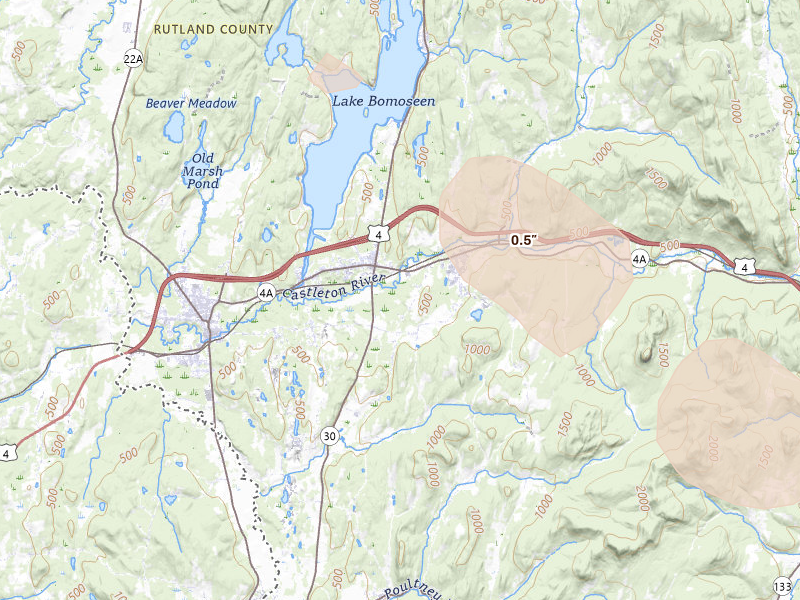 Radar-estimated hail-size map of the storm over Castleton, VT on Jul 14, 2026