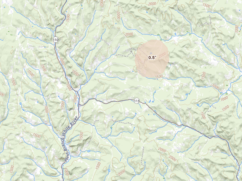 Radar-estimated hail-size map of the storm over Chelsea, VT on Jul 1, 2026