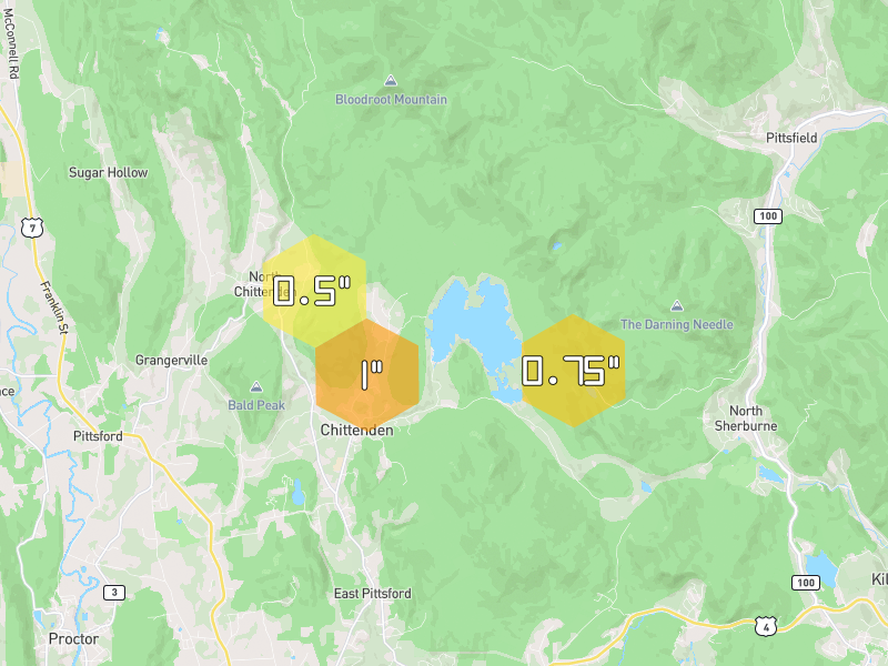 Hail map of Chittenden, VT on Jul 2, 2026, hail up to 1"