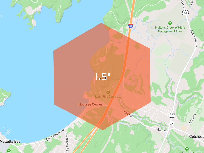 Hail map of Colchester, VT on Jul 1, 2026, hail up to 1.5"