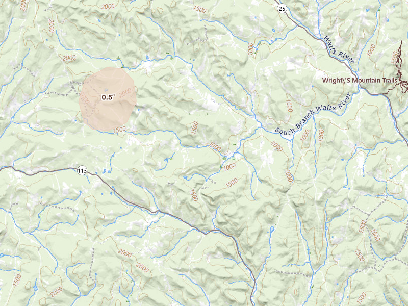 Radar-estimated hail-size map of the storm over Corinth, VT on Jul 1, 2026