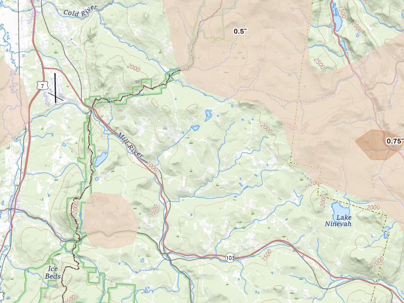 Radar-estimated hail-size map of the storm over Cuttingsville, VT on Jul 14, 2026