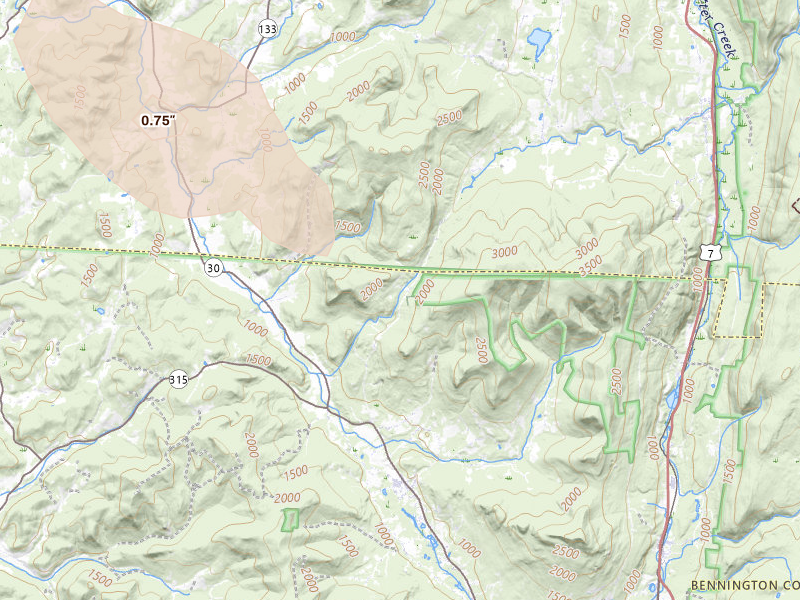 Radar-estimated hail-size map of the storm over Dorset, VT on Jul 1, 2026