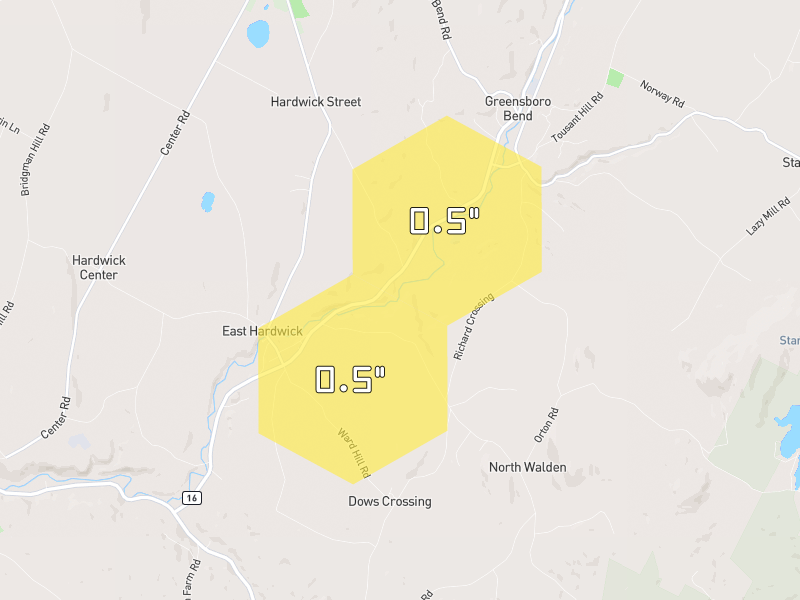 Hail map of East Hardwick, VT on Jul 2, 2026, hail up to 0.5"