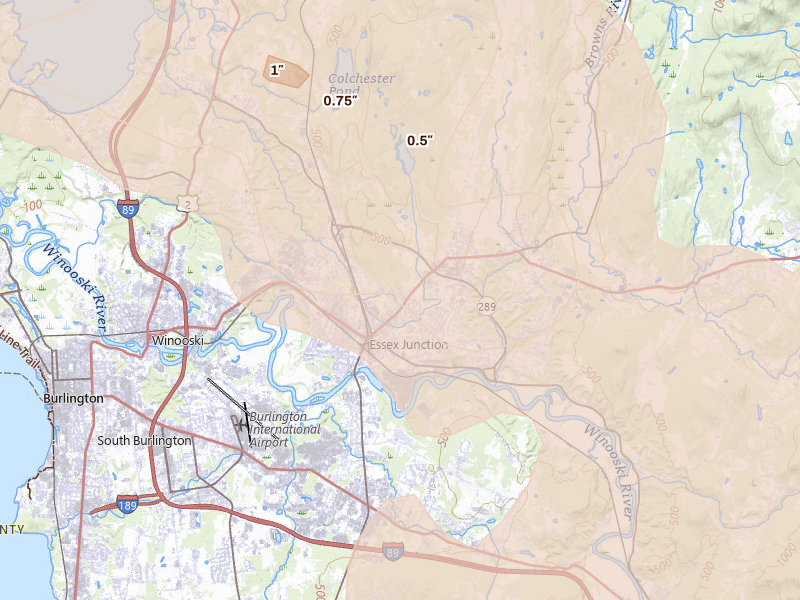 Radar-estimated hail-size map of the storm over Essex Junction, VT on Jul 1, 2026