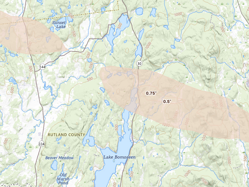 Radar-estimated hail-size map of the storm over Fair Haven, VT on Jun 26, 2026