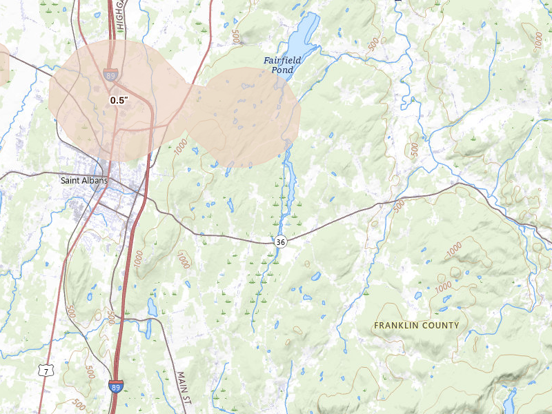 Radar-estimated hail-size map of the storm over Fairfield, VT on Aug 10, 2026