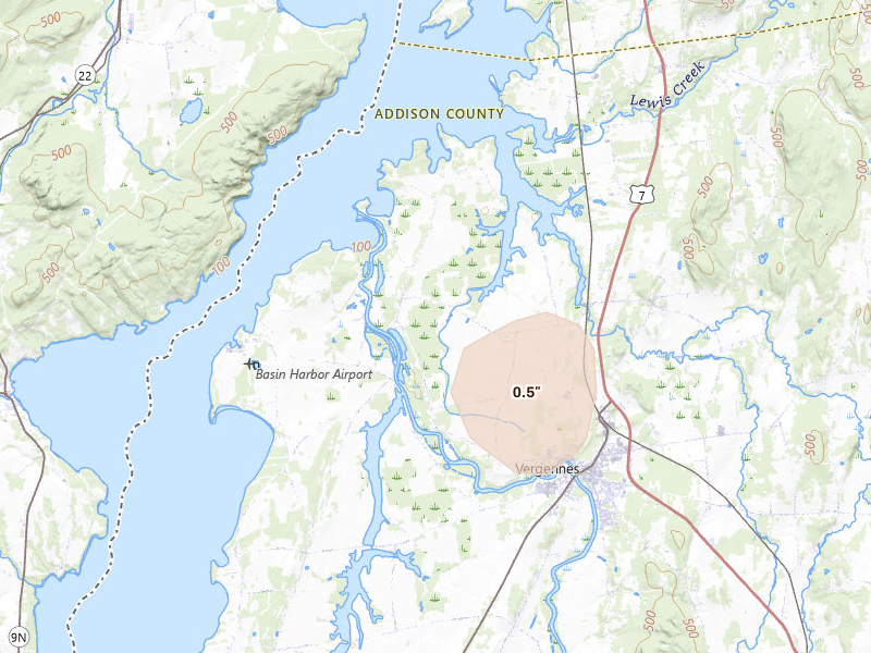 Radar-estimated hail-size map of the storm over Ferrisburgh, VT on Jul 1, 2026