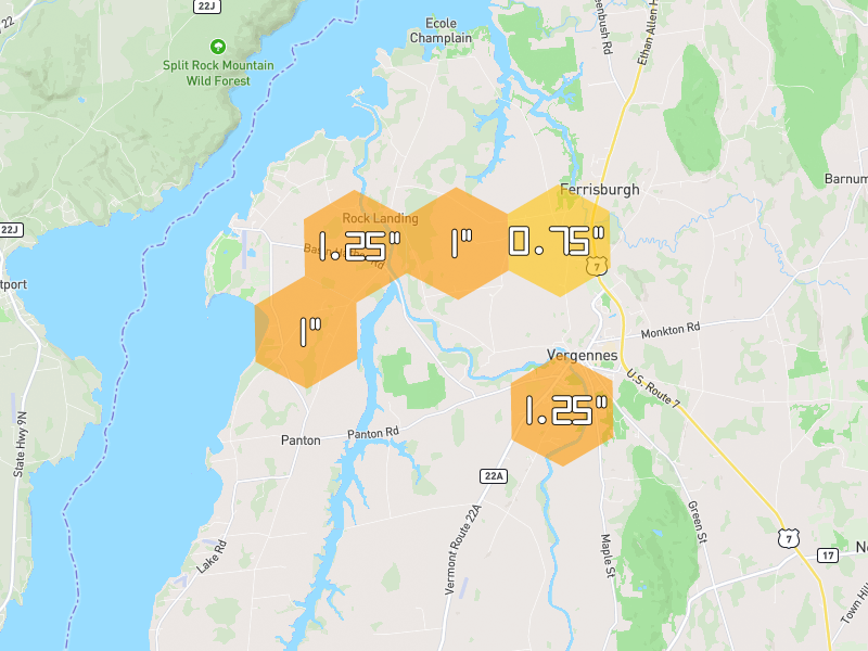 Hail map of Ferrisburgh, VT on Jul 2, 2026, hail up to 1.25"