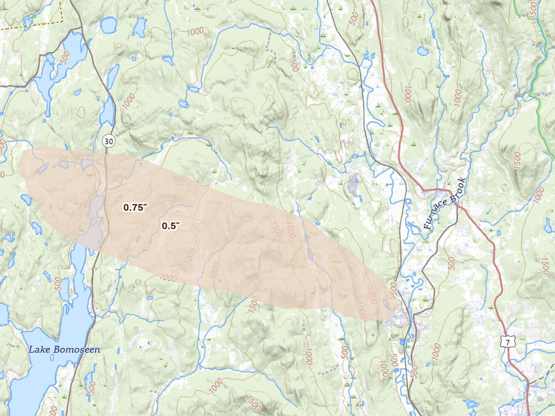 Radar-estimated hail-size map of the storm over Florence, VT on Jun 26, 2026