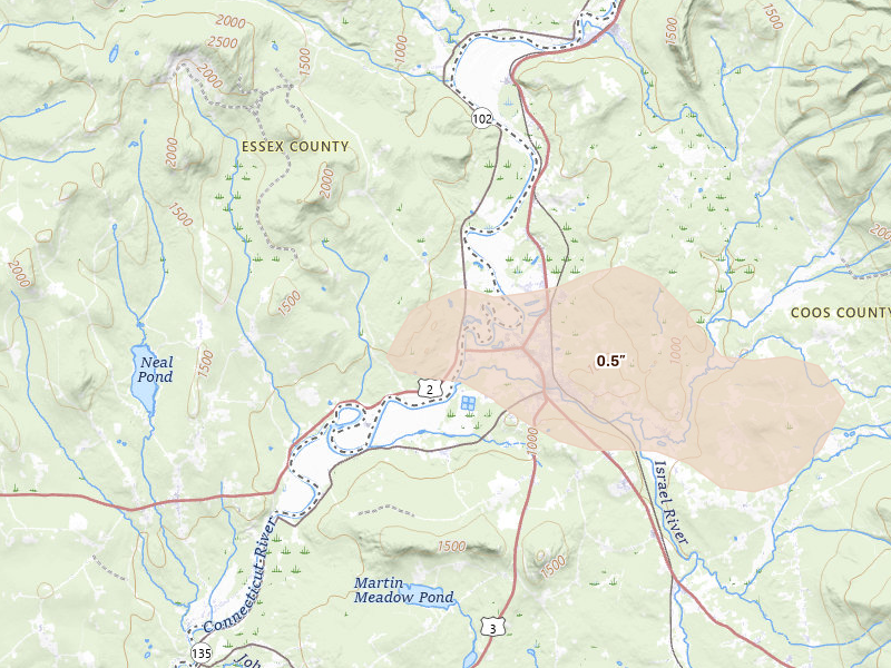 Radar-estimated hail-size map of the storm over Guildhall, VT on Jul 9, 2026
