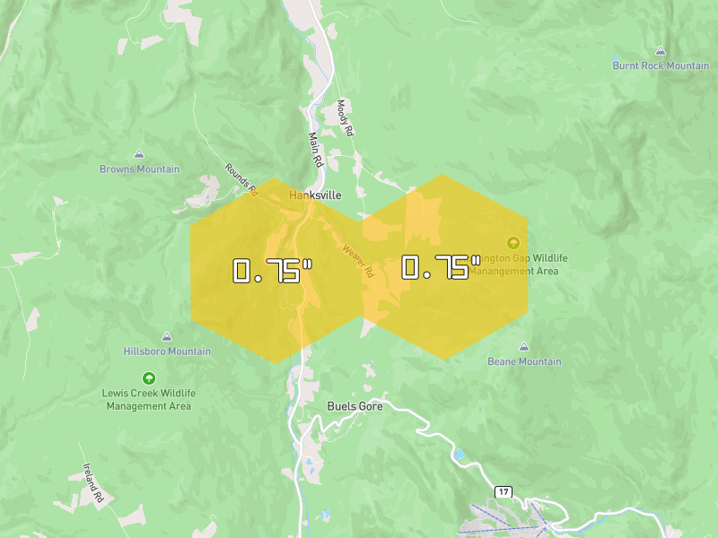 Hail map of Huntington, VT on Jul 1, 2026, hail up to 0.75"