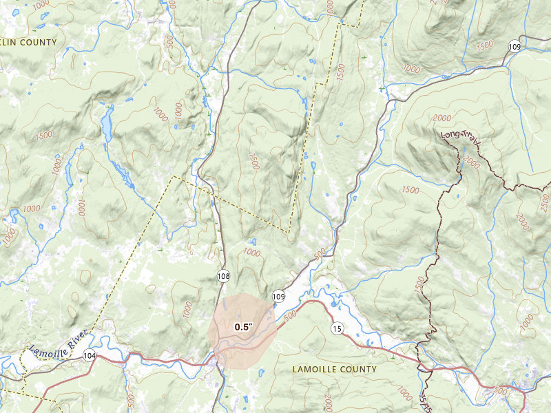 Radar-estimated hail-size map of the storm over Jeffersonville, VT on Jun 12, 2026