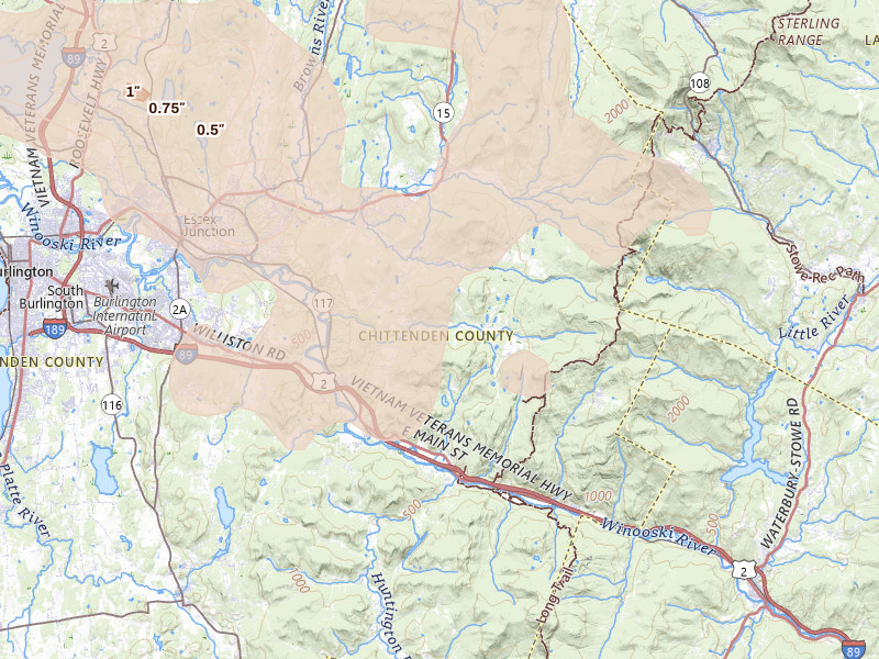 Radar-estimated hail-size map of the storm over Jericho, VT on Jul 1, 2026