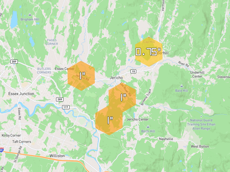 Hail map of Jericho, VT on Jul 1, 2026, hail up to 1"