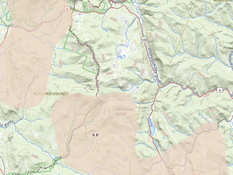 Radar-estimated hail-size map of the storm over Killington, VT on Jul 14, 2026
