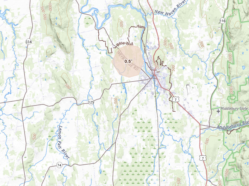 Radar-estimated hail-size map of the storm over Middlebury, VT on Jul 1, 2026