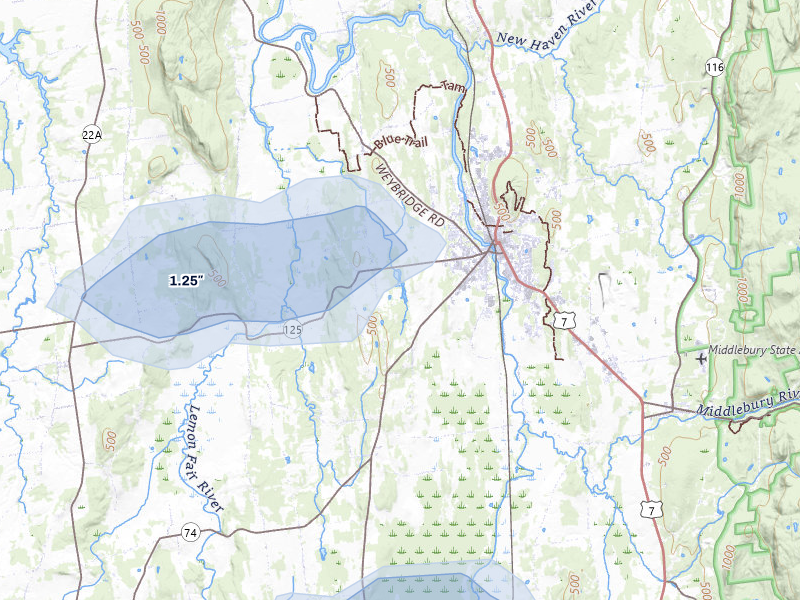 NEXRAD radar-signature map of the hail storm over Middlebury, VT on Jul 1, 2026