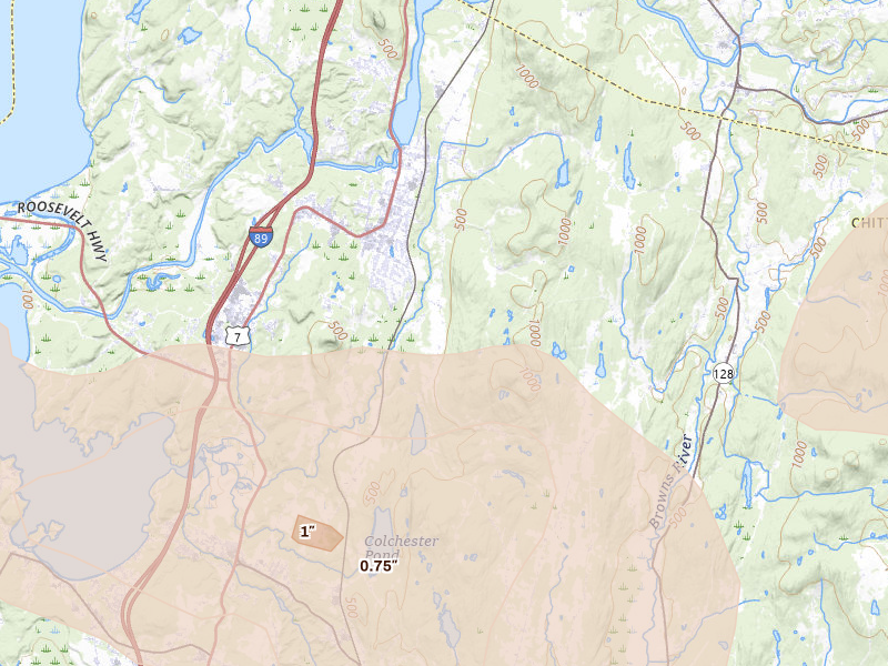 Radar-estimated hail-size map of the storm over Milton, VT on Jul 1, 2026