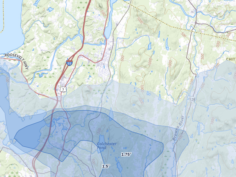 NEXRAD radar-signature map of the hail storm over Milton, VT on Jul 1, 2026