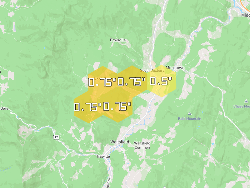 Hail map of Moretown, VT on Jul 2, 2026, hail up to 0.75"