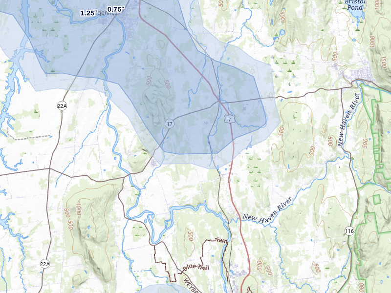NEXRAD radar-signature map of the hail over New Haven, VT