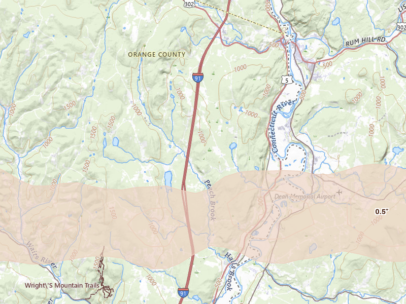 Radar-estimated hail-size map of the storm over Newbury, VT on Apr 16, 2026