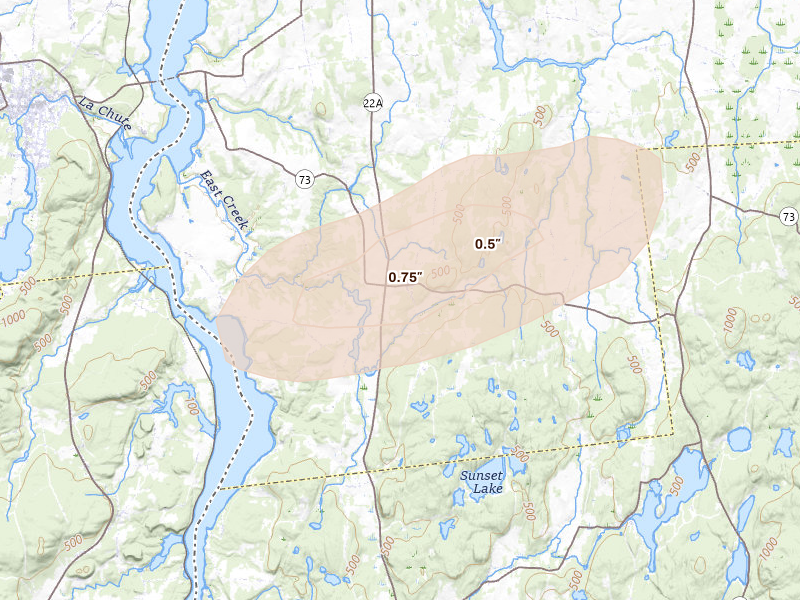 Radar-estimated hail-size map of the storm over Orwell, VT on Jun 6, 2026