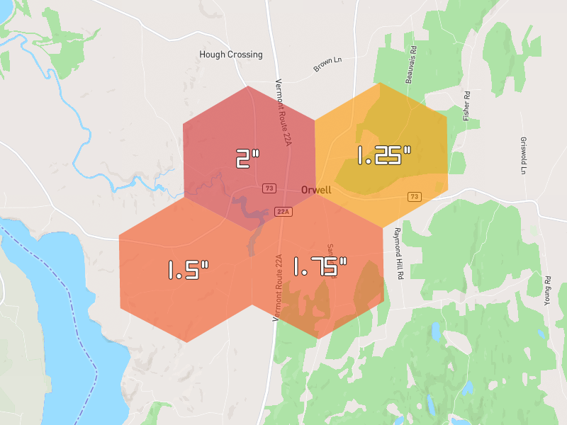 Hail map of Orwell, VT on Jun 6, 2026, hail up to 2"