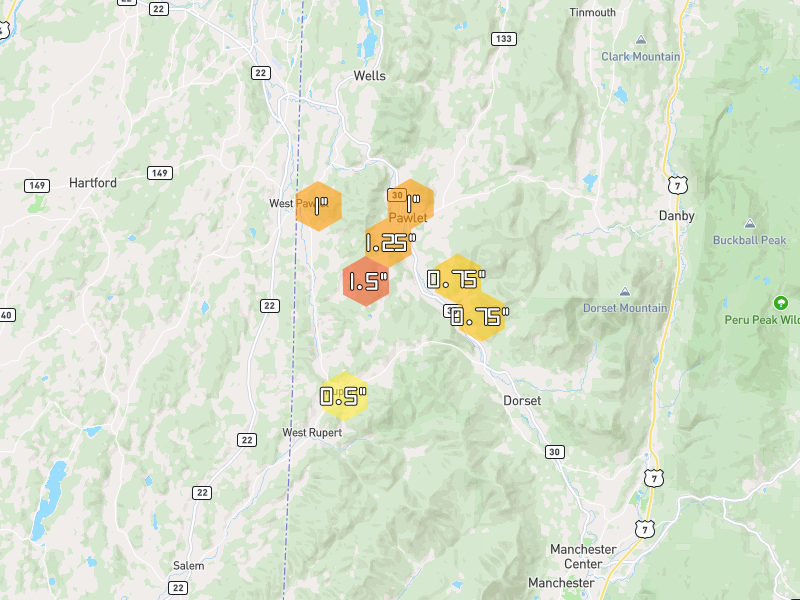 Hail map of Pawlet, VT on Jul 2, 2026, hail up to 1.5"