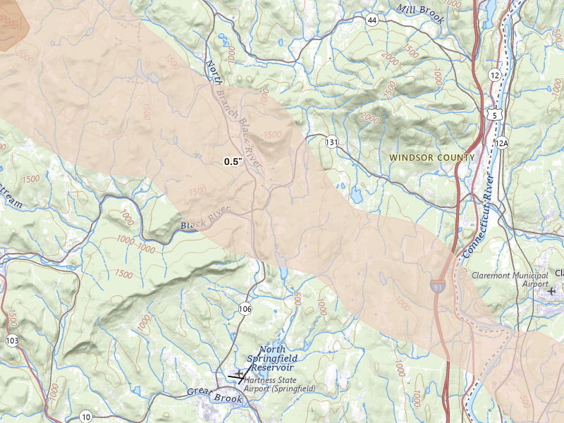 Radar-estimated hail-size map of the storm over Perkinsville, VT on Jul 14, 2026