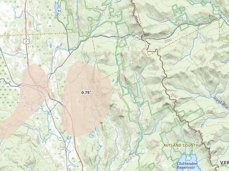 Radar-estimated hail-size map of the storm over Pittsford, VT on Jun 6, 2026