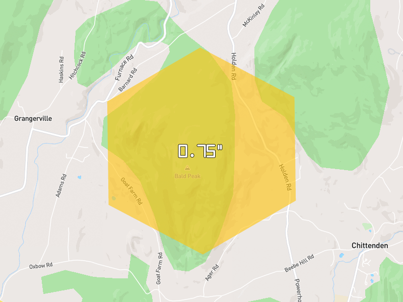 Hail map of Pittsford, VT on Jul 1, 2026, hail up to 0.75"