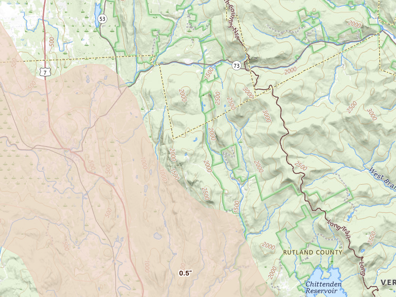 Radar-estimated hail-size map of the storm over Pittsford, VT on Jul 14, 2026