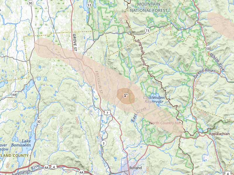 Radar-estimated hail-size map of the storm over Pittsford, VT on Aug 12, 2026