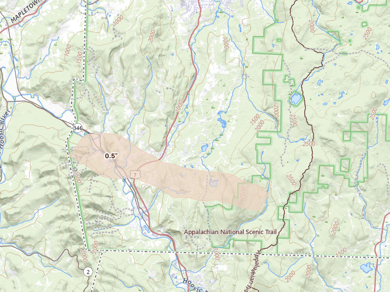 Radar-estimated hail-size map of the storm over Pownal, VT on Jul 1, 2026