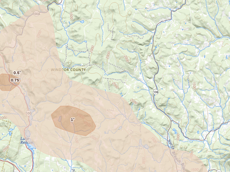 Radar-estimated hail-size map of the storm over Reading, VT on Jul 14, 2026