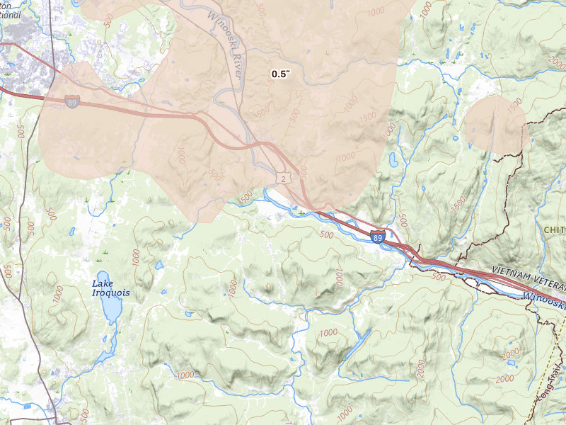 Radar-estimated hail-size map of the storm over Richmond, VT on Jul 1, 2026