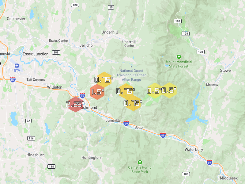 Hail map of Richmond, VT on Jul 2, 2026, hail up to 2.25"