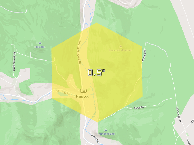 Hail map of Rochester, VT on Jul 2, 2026, hail up to 0.5"