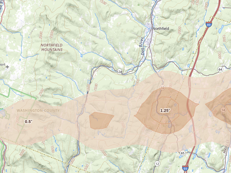 Radar-estimated hail-size map of the storm over Roxbury, VT on Apr 16, 2026