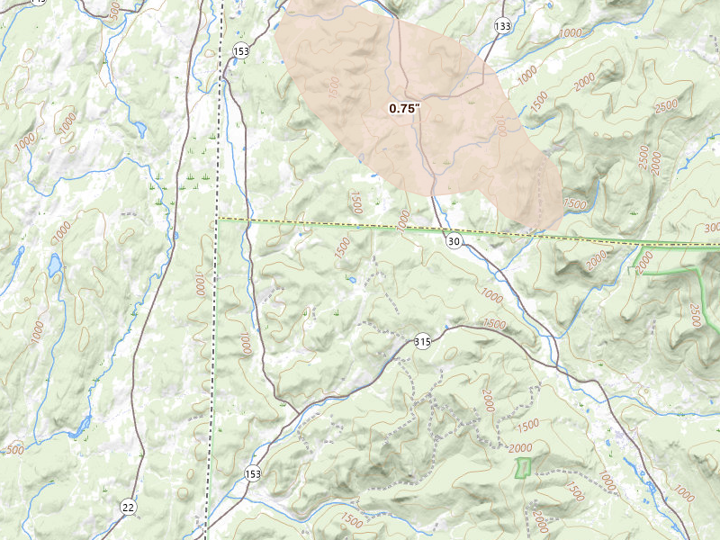 Radar-estimated hail-size map of the storm over Rupert, VT on Jul 1, 2026