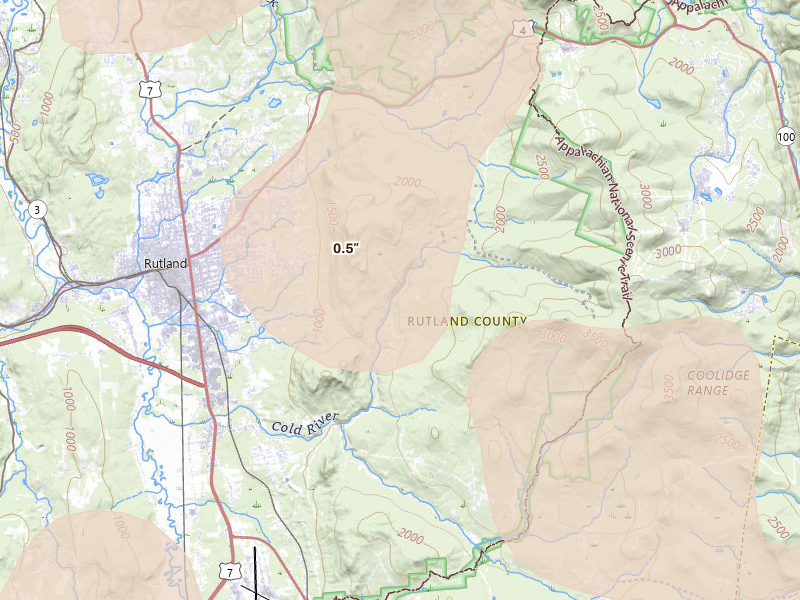 Radar-estimated hail-size map of the storm over Rutland, VT on Jul 14, 2026