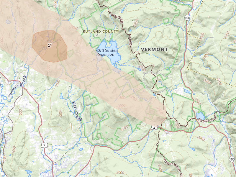 Radar-estimated hail-size map of the storm over Rutland, VT on Aug 12, 2026