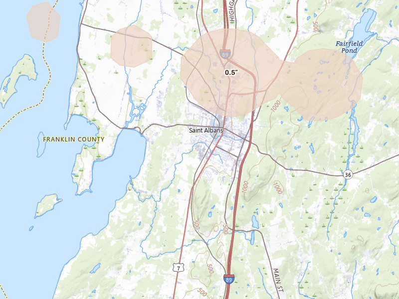 Radar-estimated hail-size map of the storm over Saint Albans, VT on Aug 10, 2026