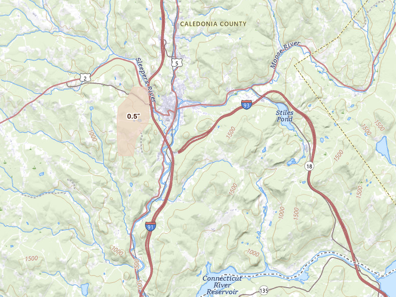 Radar-estimated hail-size map of the storm over Saint Johnsbury, VT on Apr 1, 2026