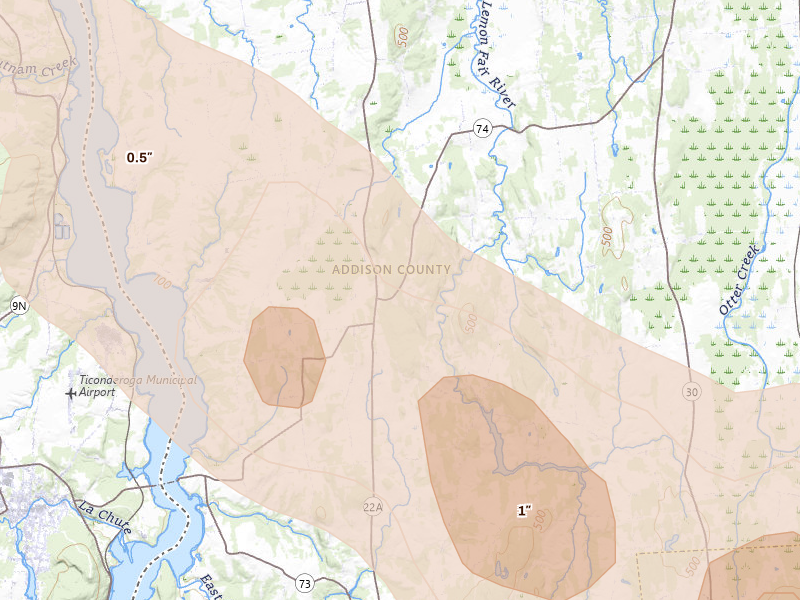 Radar-estimated hail-size map of the storm over Shoreham, VT on Jul 14, 2026