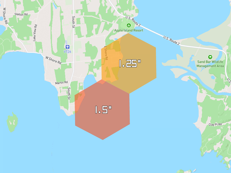 Hail map of South Hero, VT on Jul 2, 2026, hail up to 1.5"