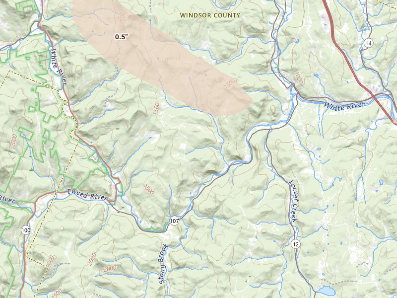 Radar-estimated hail-size map of the storm over Stockbridge, VT on Aug 12, 2026