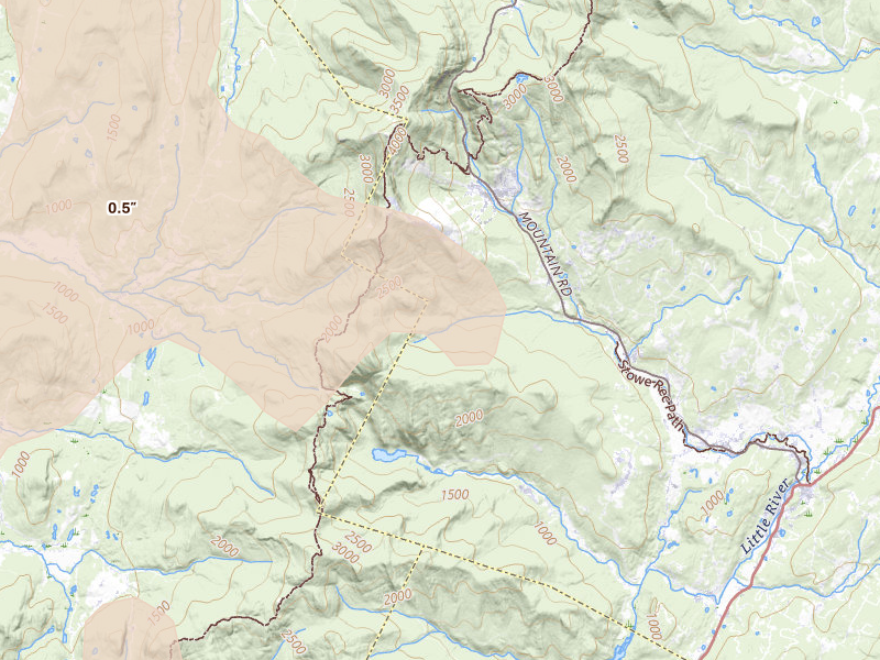 Radar-estimated hail-size map of the storm over Stowe, VT on Jul 1, 2026
